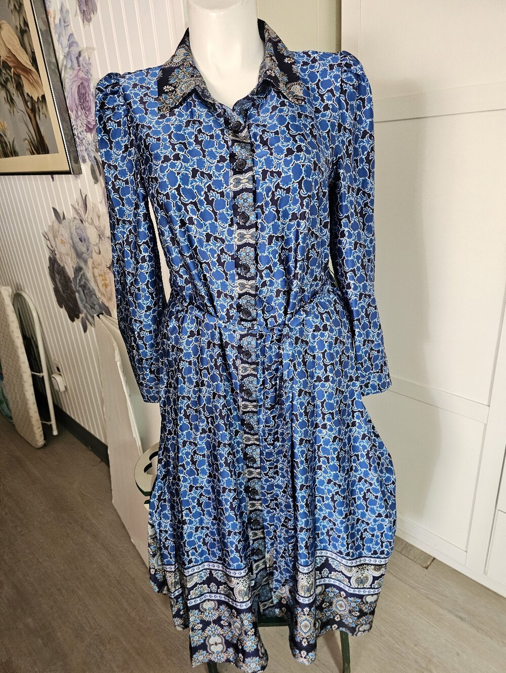 Nicole Miller Size 14 Midi Dress Blue Floral Button Front Belted NWOT
